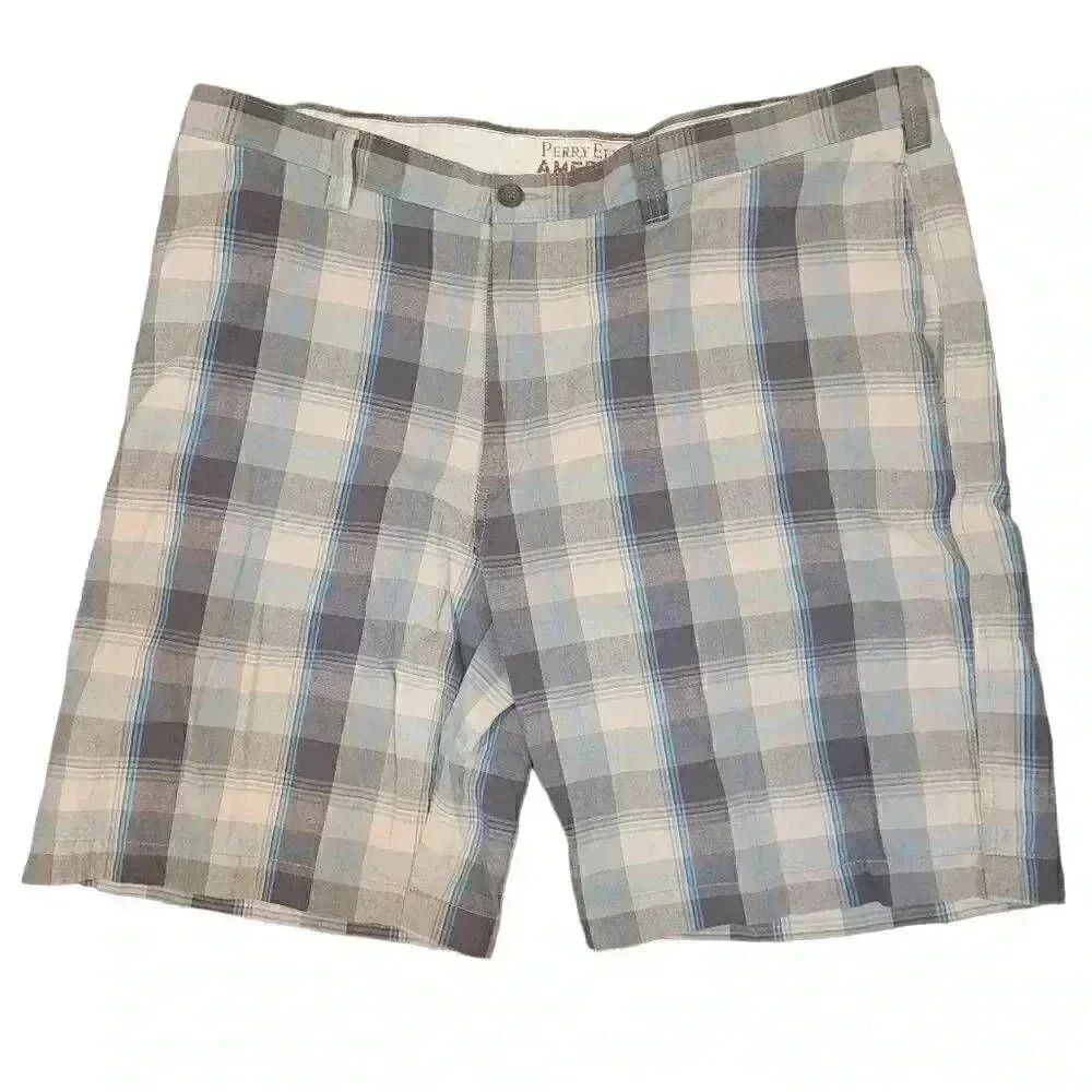 Perry Ellis America Men's White/Blue Plaid Cotton Flat Front Chino Shorts
